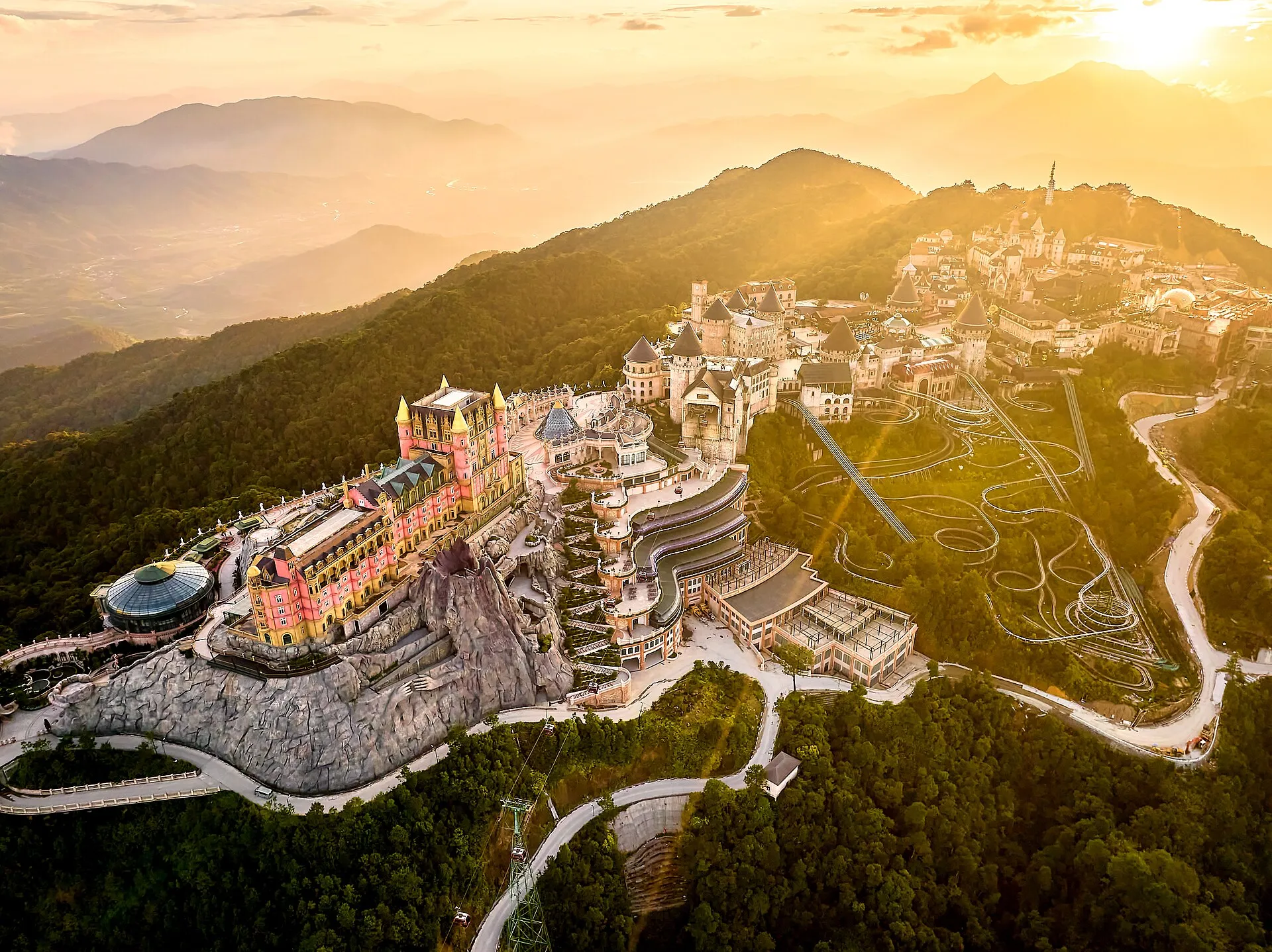 Sun World Ba Na Hills at sunset from above